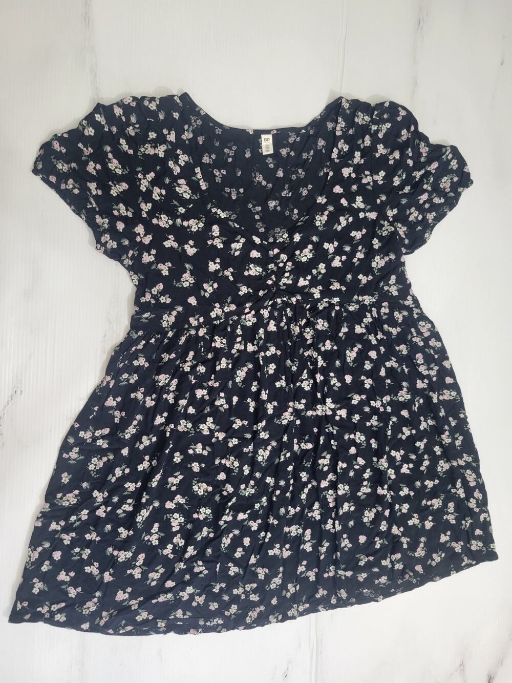 BP Nordstrom Navy Floral Puff Sleeve Babydoll Mini Dress Size L